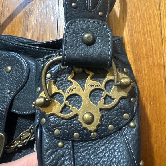 BETSEY JOHNSON GUC Vintage Black Leather Tote Bag Purse Shoulder Studded - Picture 3 of 9